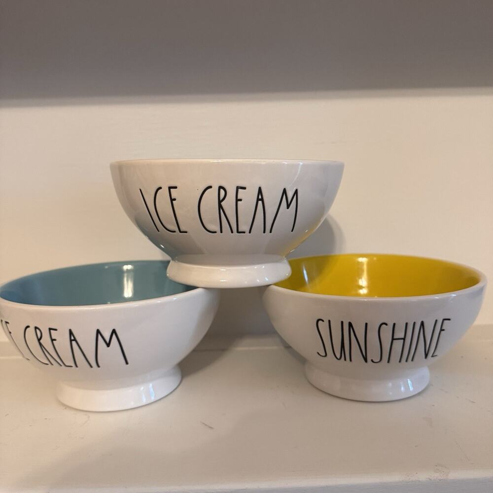 RAE‎ DUNN Ice Cream Sunshine Bowls Set of 3 Artisan Pink Yellow Blue Interior